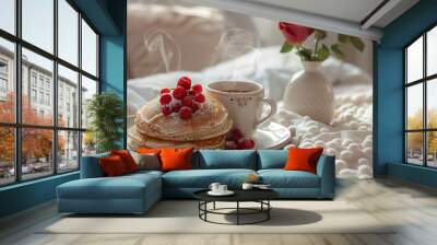 A romantic breakfast in bed setup featuring a tray with a heart-shaped pancake topped with fresh berries, a steaming cup of coffee, and a single red rose in a small vase Wall mural