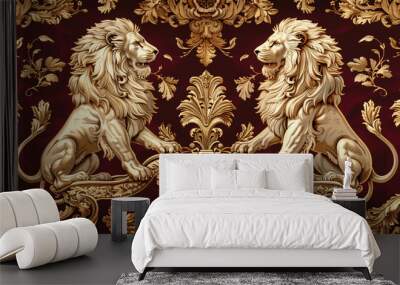 A seamless Victorian tapestry pattern with regal lions, majestic griffins, and intricate heraldic symbols, in rich burgundy and gold tones. Wall mural