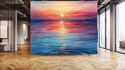 A serene oil painting of a tranquil lake at sunrise, with soft reflections of the colorful sky and gentle ripples on the watera??s surface. Wall mural