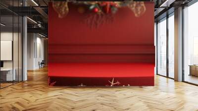 A vibrant red podium with a velvet finish, decorated with gold stars and baubles.  Wall mural