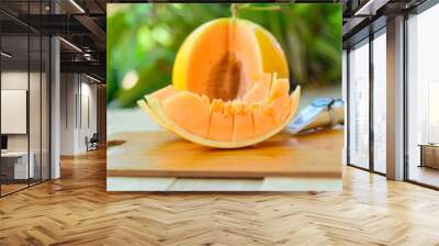 Closeup to piece of fresh orange melon on the plate Wall mural