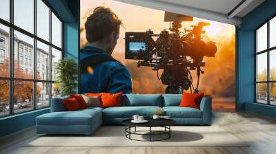 Cinematic Craft: Outdoor Filmmaking Scene with Camera, Outdoor Shooting with Professional Camera Wall mural