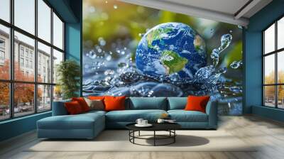 Save Water, Save Earth: Conceptual Image of Globe and Nature Symbols, Global Environmental Awareness Wall mural