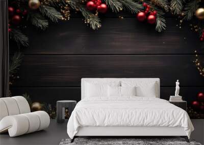  “Festive Christmas Wreath on Dark Wooden Background” Wall mural