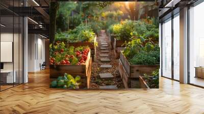 Organic farm-to-table concept, lush vegetable garden at sunrise, fresh produce harvest, natural earthy tones, sustainable living  Wall mural