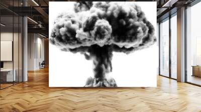 Atomic bomb explosion in halftone dots texture, isolated black and white vector design element Wall mural