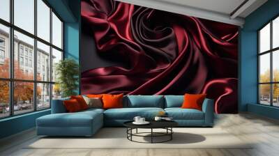 Black red burgundy silk satin. Soft wavy folds. Shiny fabric. Generative Ai Wall mural