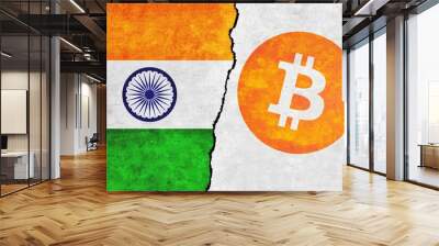 India and Bitcoin painted flags on a wall with a crack. Cryptocurrency with India flag images. Bitcoin and India flags together Wall mural