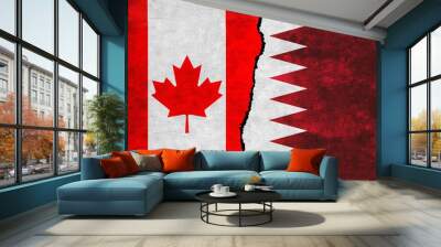 Qatar and Canada painted flags on a wall with a crack. Qatar and Canada relations. Canada and Qatar flags together Wall mural