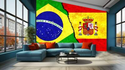 Spain and Brazil flag together on wall. Brazil Spain relations, economy, friendship, conflict, trade concept. Spain vs Brazil Wall mural