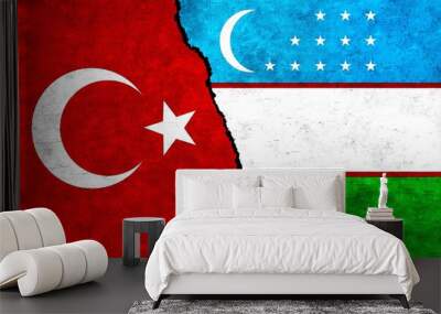 Turkey and Uzbekistan flags together on wall. Uzbekistan Turkey relations, economy, relationship, trade concept Wall mural