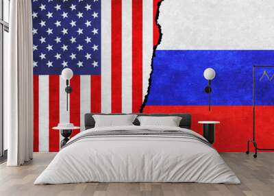 USA and Russia painted flags on a wall with a crack. Russia and United States of America relations. USA and Russia flags together Wall mural