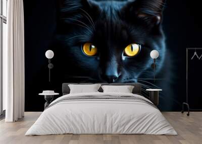 Majestic Black Cat with Striking Yellow Eyes in Dark Background Wall mural