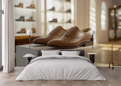 Elegant Brown Leather Dress Shoes Display
 Wall mural