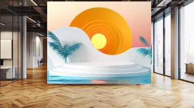 A white, three-tiered platform sits in front of a stylized sunset, with two palm trees on either side. The platform is surrounded by light blue water and the background is a gradient of sun light. Wall mural