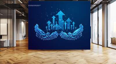 Hand holding rising arrows in futuristic style. Successful business and growth strategy concept. Low poly wireframe vector illustration  Wall mural