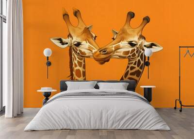 Giraffes in a comical embrace, their long necks twisted together, against a minimalist orange background Wall mural