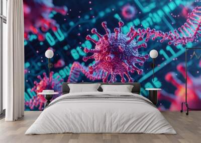 Close-up view of virus particles with digital data background, illustrating the intersection of biology and technology. Wall mural