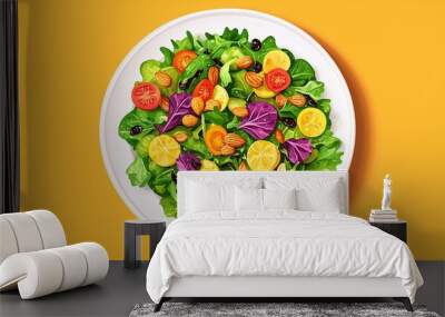 Vibrant salad with fresh greens, colorful vegetables, and nuts, set against a bright yellow background, perfect for healthy eating. Wall mural