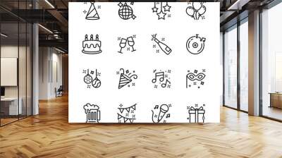 christmas, new year , happy celebration, party thin line icons set, such as music, gift, firework, confetti, food and wine. isolated vector illustration Wall mural