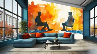 Two watercolor painted man sit on chairs and talk, with a warm background. Wall mural