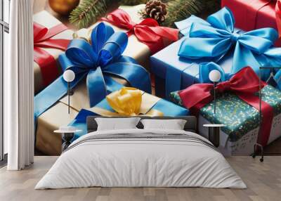 Colorful gift boxes with ribbons under festive tree Wall mural