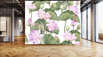 Hand drawn watercolor seamless pattern with Pink lotus flowers and lotus leaf Wall mural