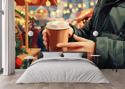 A cozy winter scene featuring a person holding a warm beverage, surrounded by festive decorations and a bustling market atmosphere. Wall mural