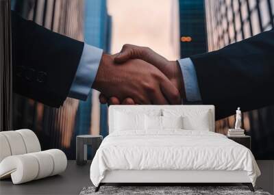 Two businessmen shake hands in a cityscape, symbolizing partnership and collaboration amidst modern skyscrapers at sunset. Wall mural