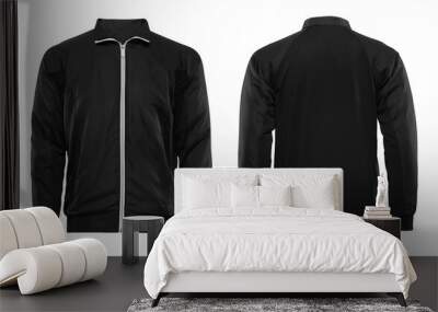 Blank black color jacket in front and back view, isolated on white background. Wall mural