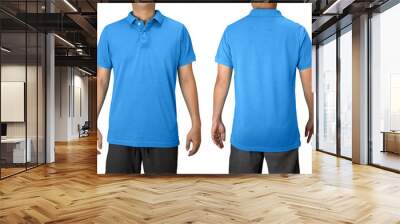 Blue blank polo t shirt on a young man isolated on white background. Front and back view. Wall mural