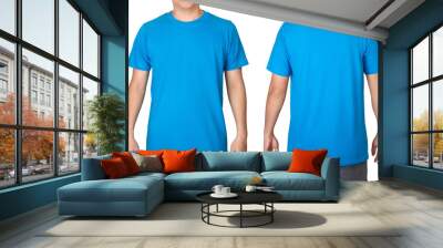 Blue t-shirt on a young man isolated on white background. Front and back view. Wall mural