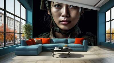 Female asia soldier in black background. Generative ai. Wall mural