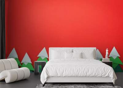 Handmade origami paper craft Christmas tree on red paper Wall mural