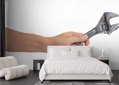 Man hand holding a spanner isolated on a white background Wall mural