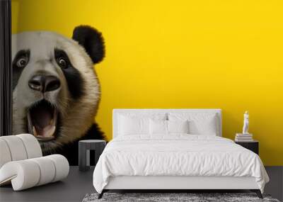 Panda looking surprised, reacting amazed, impressed, standing over yellow background Wall mural