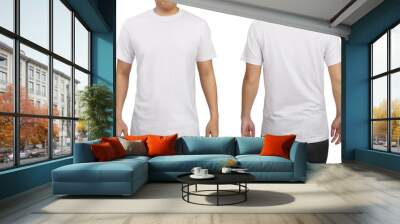 White t-shirt on a young man isolated on white background. Front and back view. Wall mural