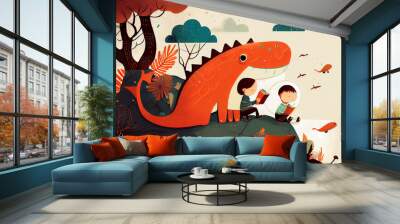 Minimalist childbook illustration boys reading book with a dinosaur Wall mural