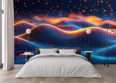 Abstract digital art with glowing particles and neon waves Wall mural