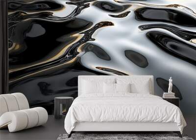 Abstract fluid surface with glossy black and gold tones. Wall mural