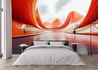 Abstract landscape with flowing red waves and reflections. Wall mural