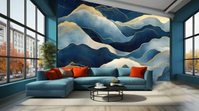 Abstract waves in blue and gold tones. Wall mural