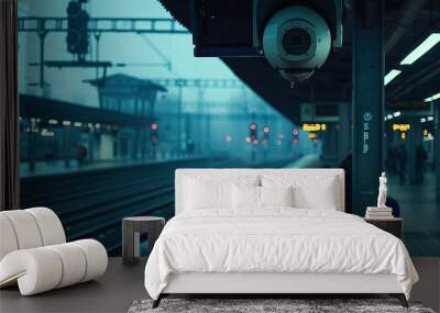 A train station platform with two railway tracks, an overhead sign showing the way to different cities Wall mural