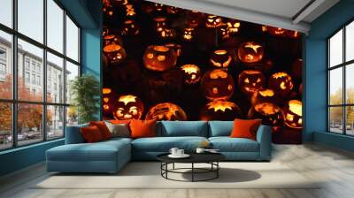 Originally jack-o'-lantern scared evil spirits Irish set carved pumpkins or turnips by the door and windows hoping that they would protect them Modern spooky faces pumpkin carving is for entertainment Wall mural