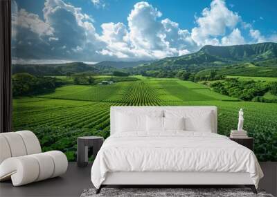 A panoramic view of a lush green farm field with rows of organic crops Wall mural