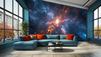 Burst of energy emanating from a central point in a dark space Wall mural