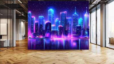 urban architecture, cityscape with space and neon light effect Wall mural