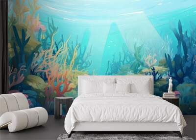 Sea underwater background. Ocean bottom with seaweeds. Wall mural