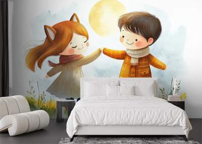 two little children playing in the grass Wall mural