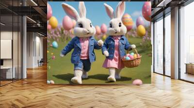 easter bunny couple carrying colourful easter eggs basket  Wall mural